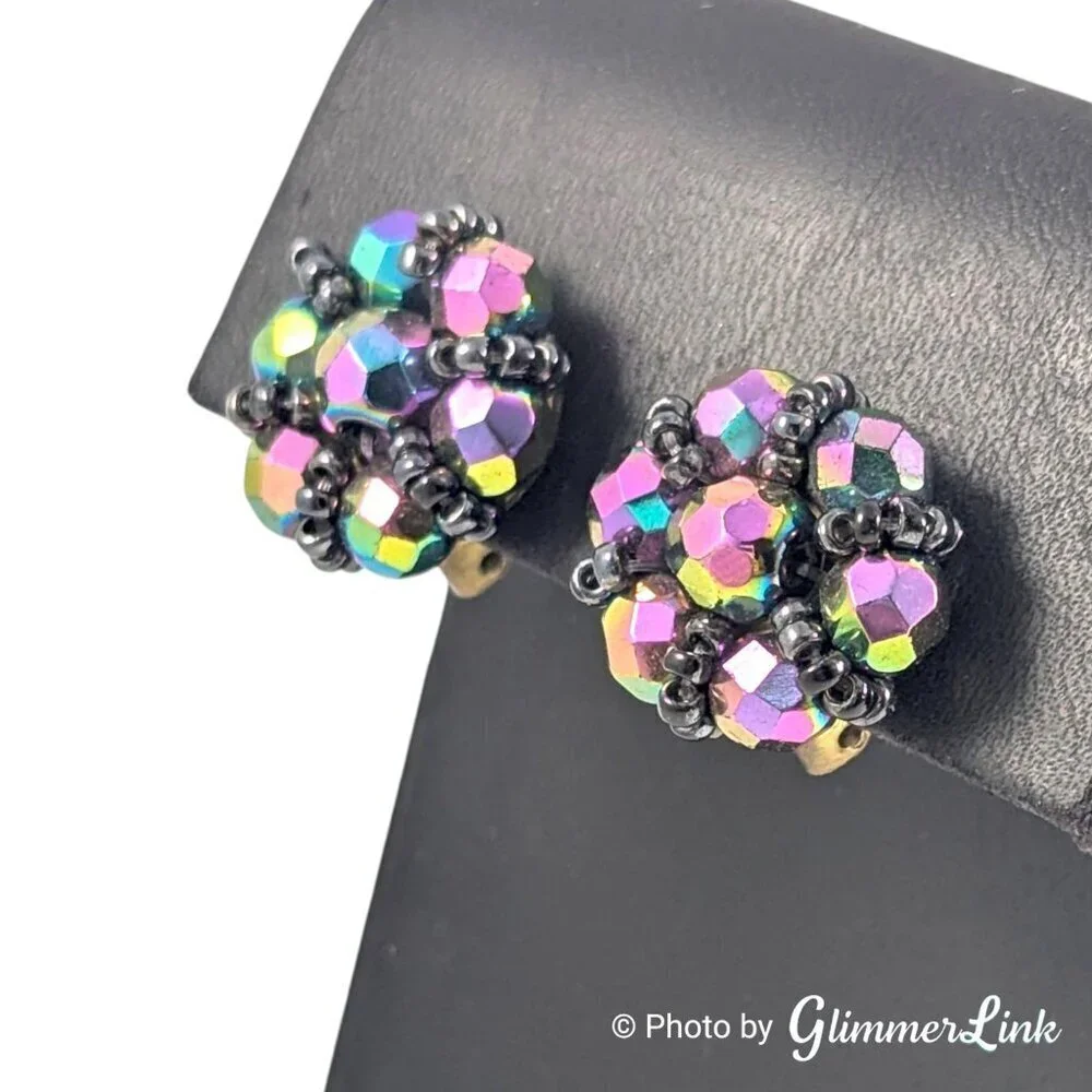 Signed Austria Vintage AB Purple Black Beaded Cluster Clip On Earrings